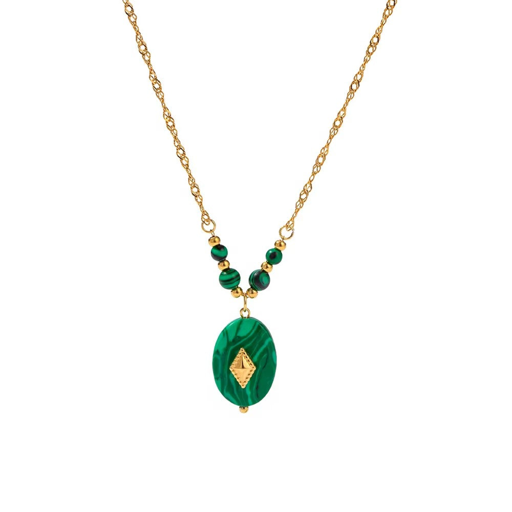 Mosaic Pendant Necklace – gold pendant necklace with green marbled oval stone