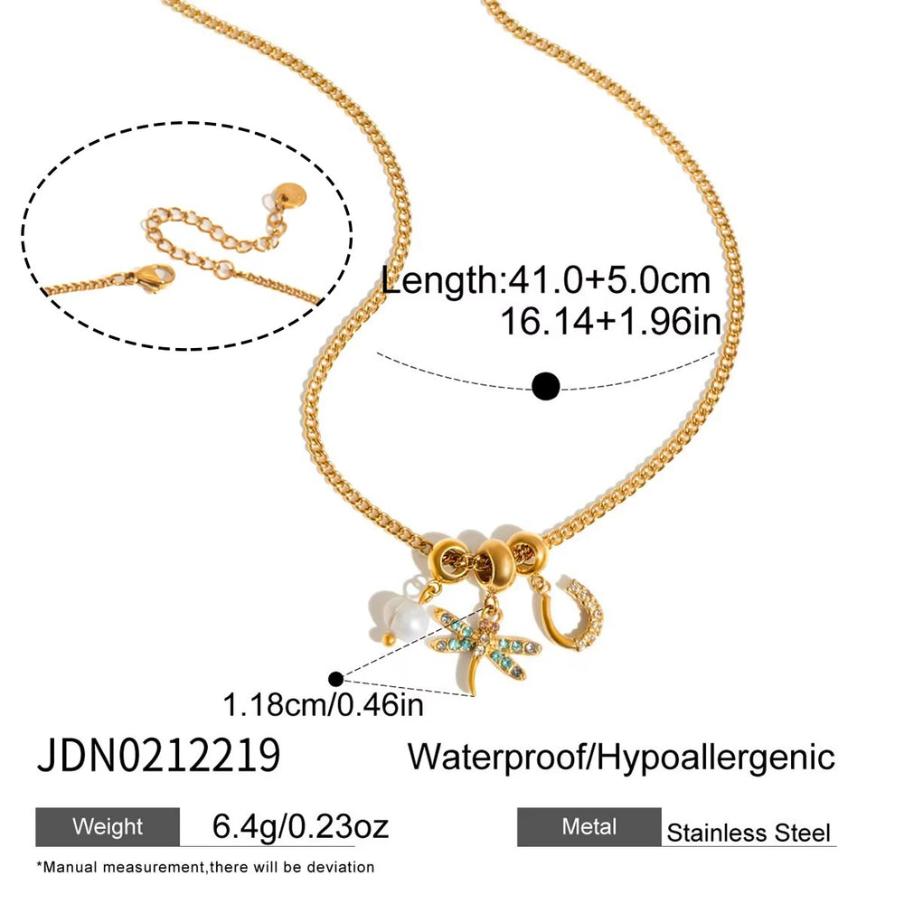 Dragonfly Charm Necklace – gold necklace with pearls