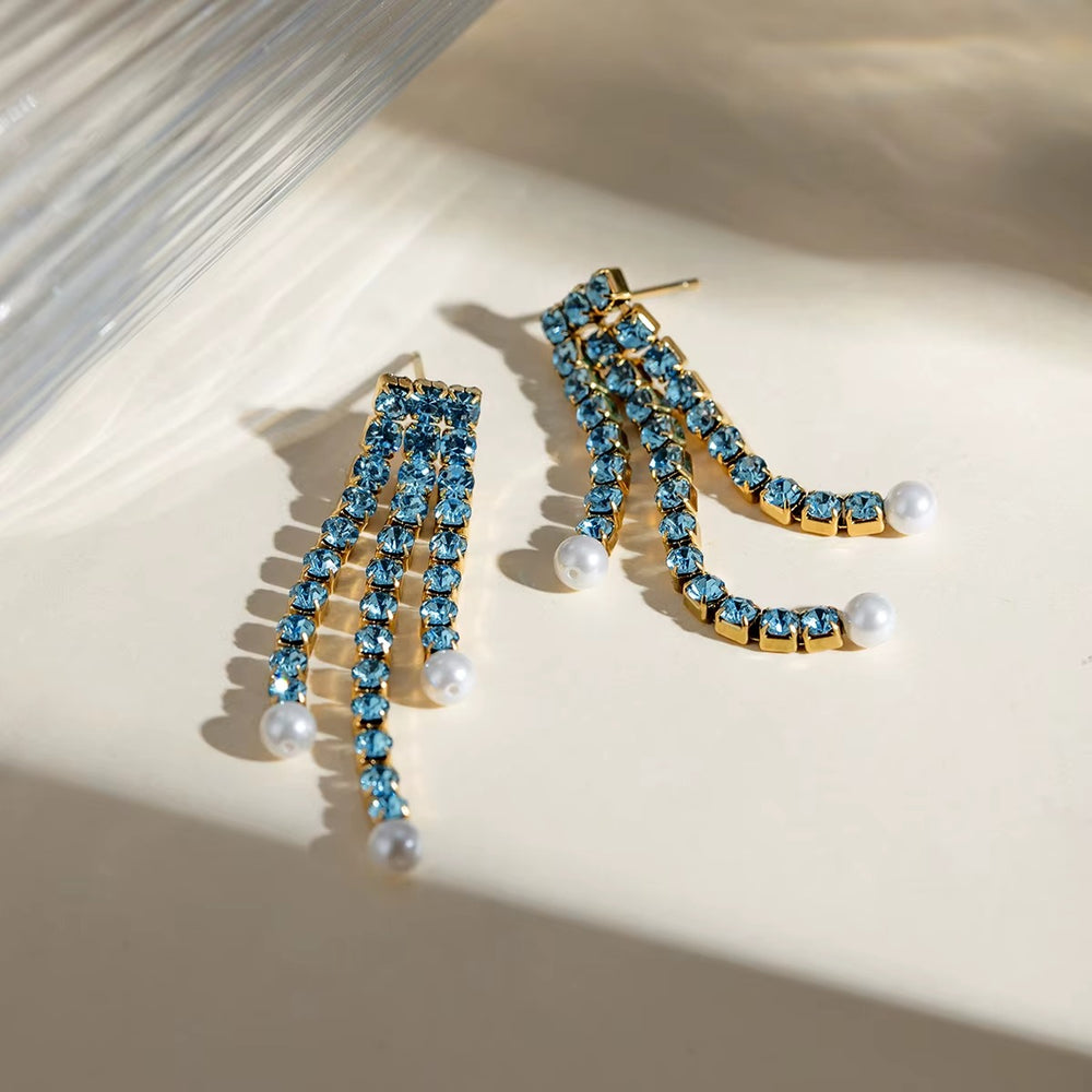 Blue Crystal Pearl Tassels – gold earrings with pearls