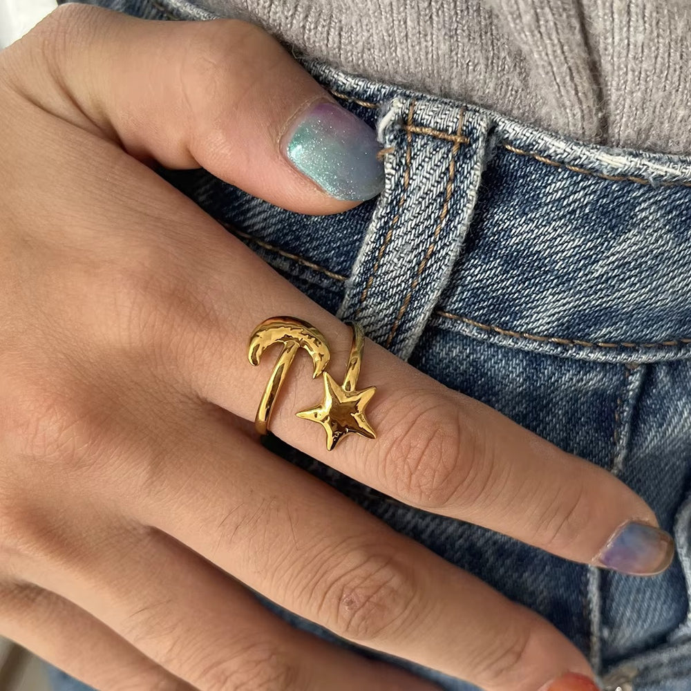 Star & Moon Ring – adjustable gold ring
