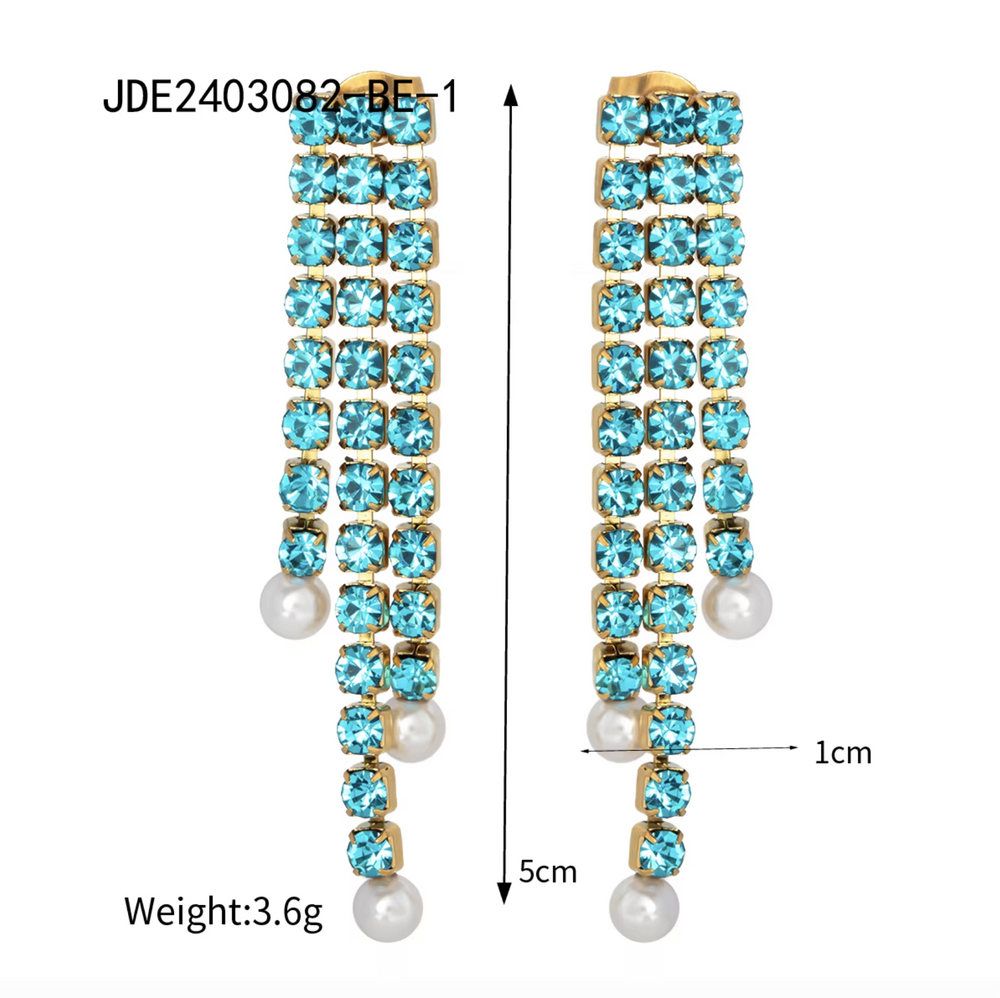 Blue Crystal Pearl Tassels – gold earrings with pearls