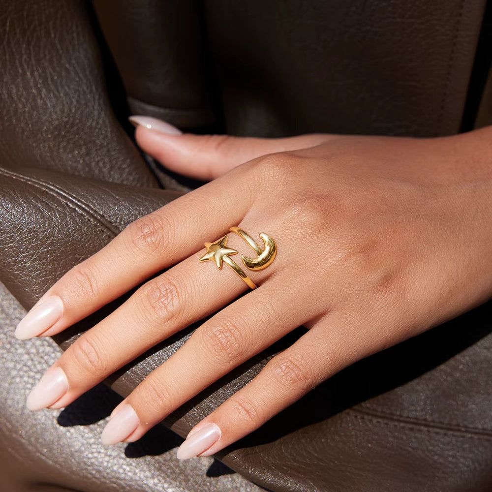 Star & Moon Ring – adjustable gold ring
