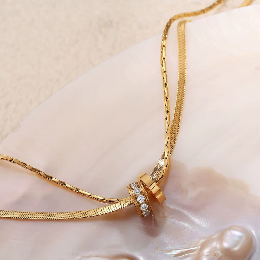 Layered Ring Pendant Necklace – gold necklace with cubic zirconia stones