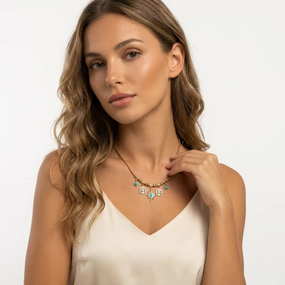 Boho Sun & Tree Charm Necklace – gold necklace