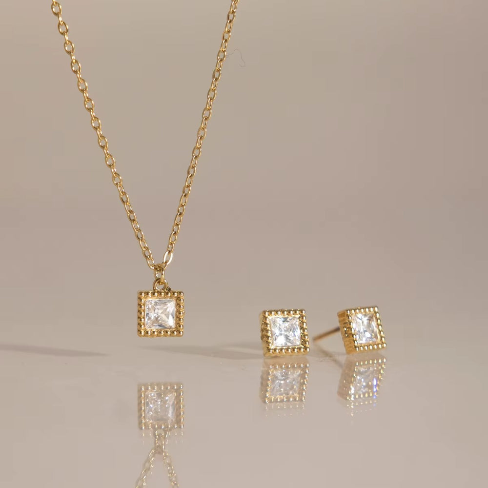 Square Crystal Jewelry Set – gold jewellery set with cubic zirconia stones