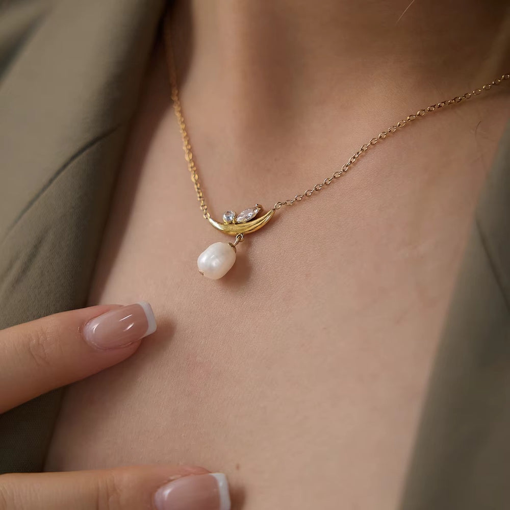 Pearl Crescent Necklace – gold necklace with cubic zirconia stones