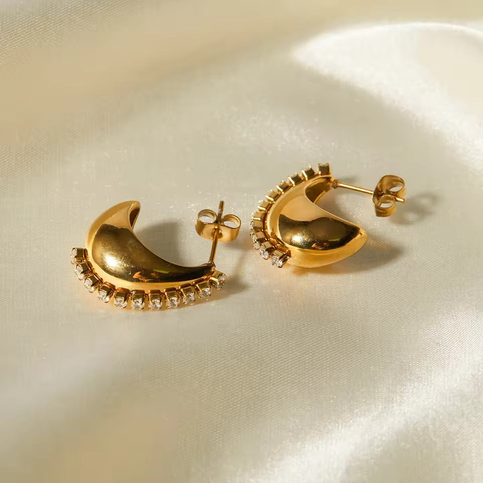 Crescent Half Hoops – gold hoop earrings with cubic zirconia stones