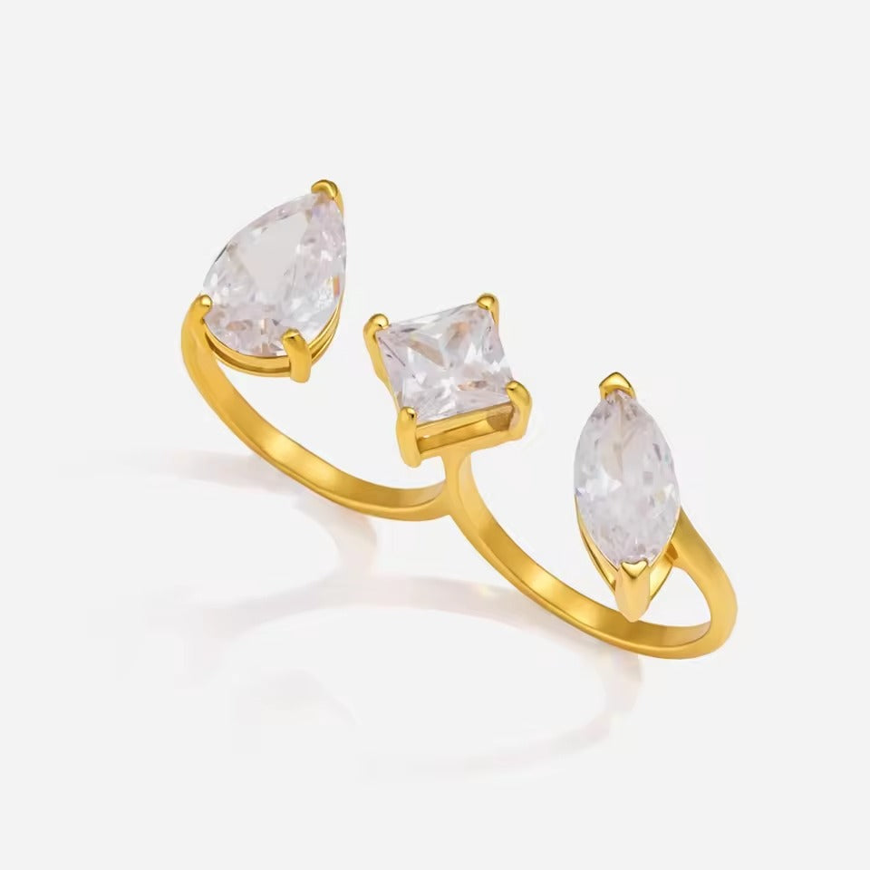 Two-Finger Statement Ring – gold ring with cubic zirconia stones