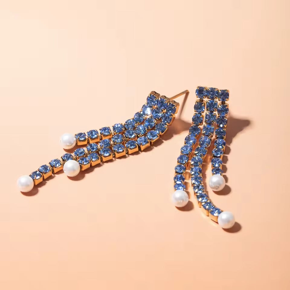Blue Crystal Pearl Tassels – gold earrings with pearls