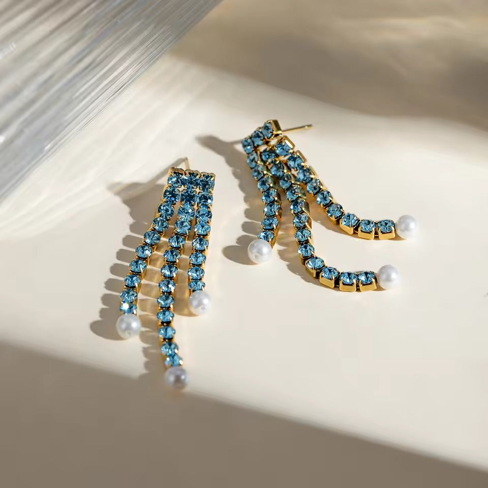 Blue Crystal Pearl Tassels – gold earrings with pearls