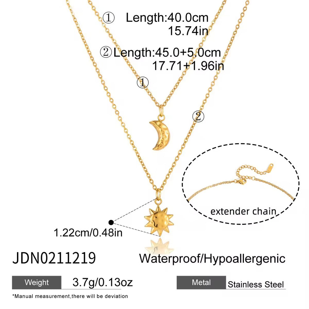 Celestial Duo Necklace – double-layered gold necklace with crescent moon and sun pendant