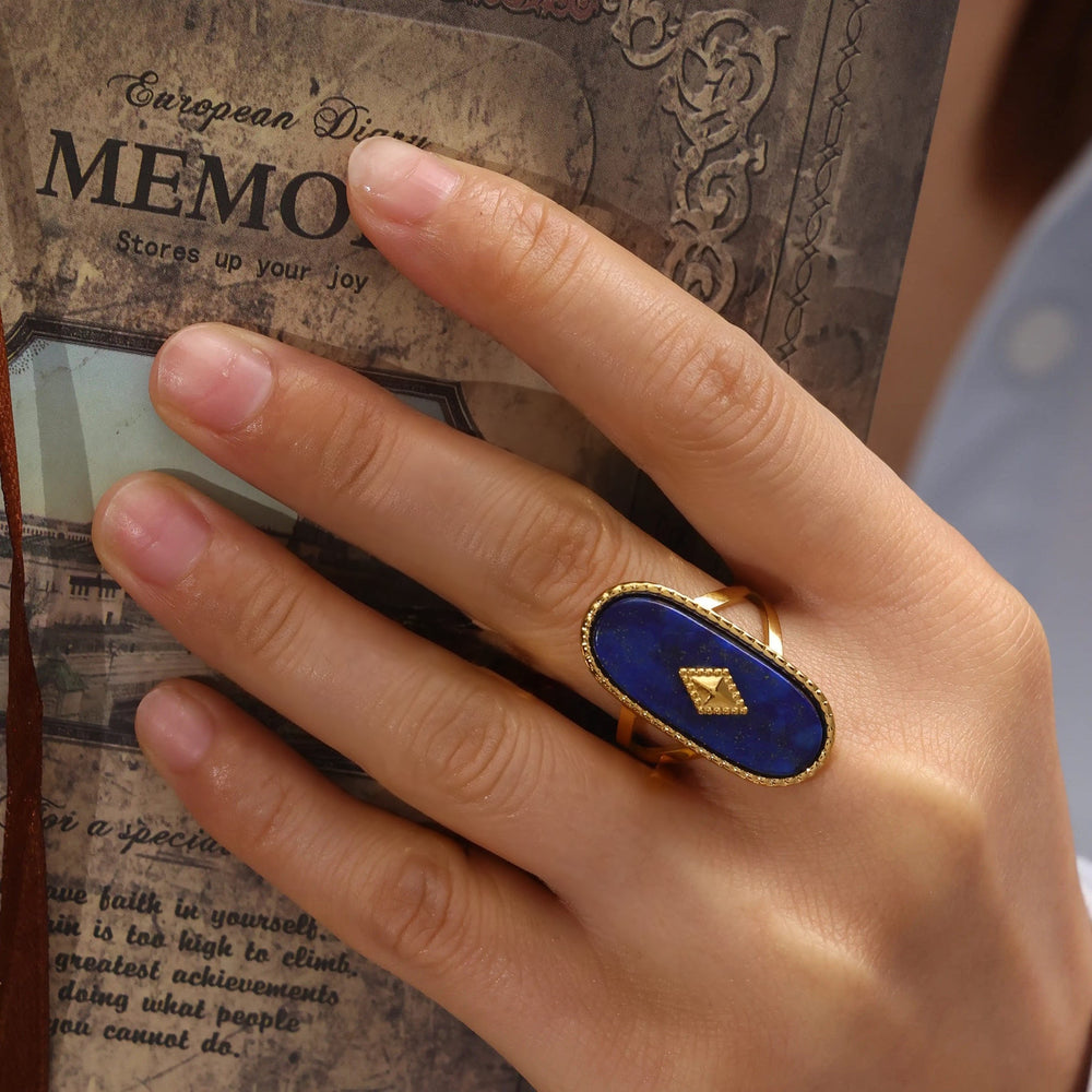 Regal Ember Ring – gold statement ring with lapis lazuli and navy enamel