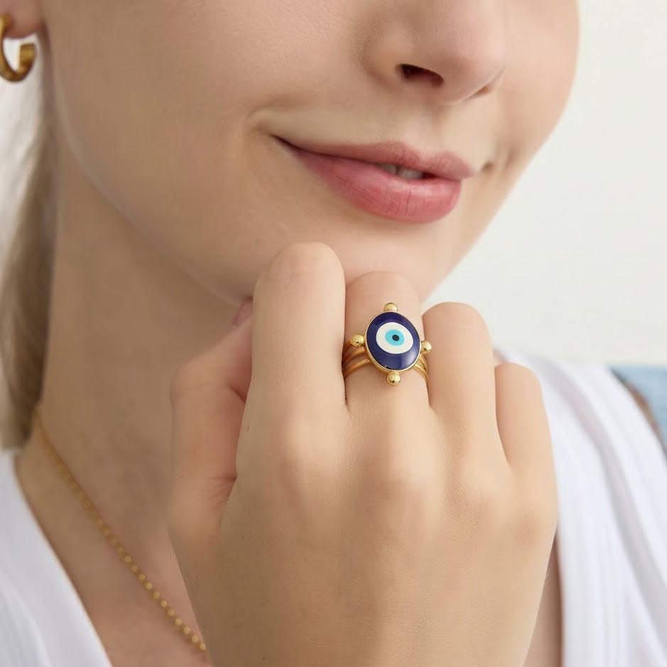 Evil Eye Classic Ring – adjustable gold ring with enamel detail