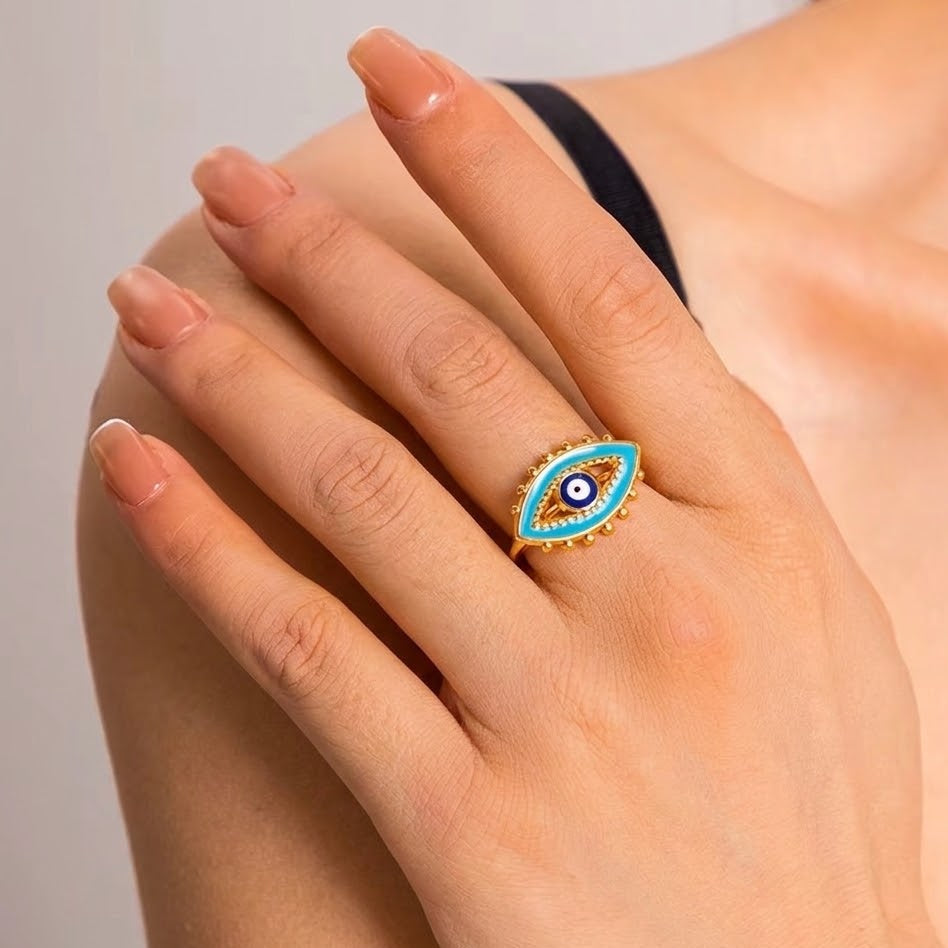 Azure Gaze Ring – adjustable gold ring with enamel detail